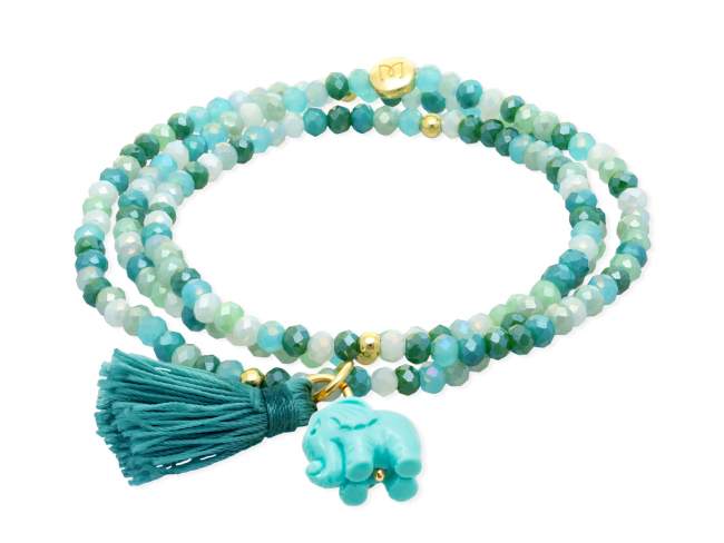 Pulsera ZEN MENTA con elefante de Marina Garcia Joyas en plata Pulsera de plata de primera ley (925) chapada en oro amarillo de 18kt, con nucleo de silicona elástica y cristal de strass facetado, con elefante en resina. Talla grande de 18 cm. (54 cm. total)