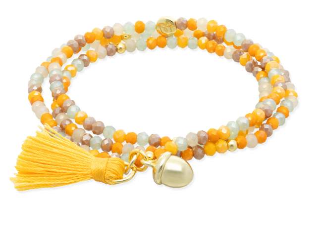 Bracelet ZEN MUSTARD with acorn de Marina Garcia Joyas en plata Bracelet in 925 sterling silver plated with 18kt yellow gold, with elastic silicone band and faceted strass glass, with acorn charm. Medium size 17 cm. (51 cm total)