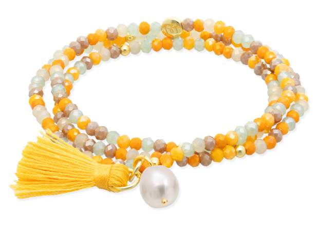 Bracelet ZEN MUSTARD with pearl de Marina Garcia Joyas en plata Bracelet in 925 sterling silver plated with 18kt yellow gold, with elastic silicone band and faceted strass glass, with natural freshwater pearl. Medium size 17 cm. (51 cm total)