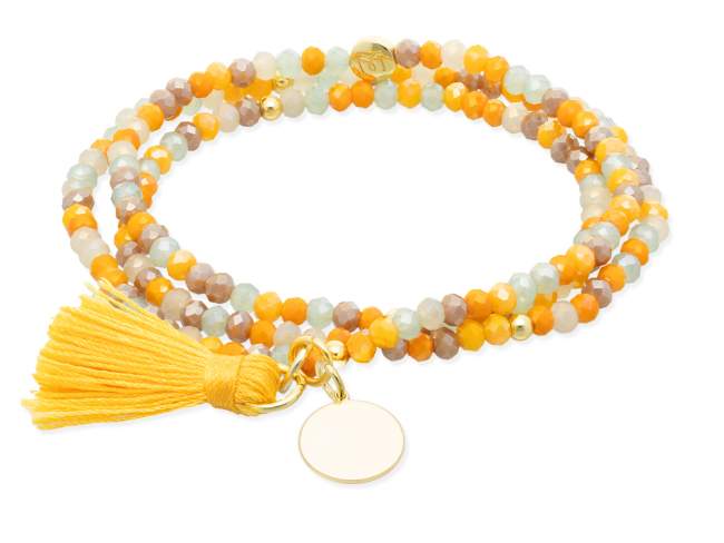 Bracelet ZEN MUSTARD with medal de Marina Garcia Joyas en plata Bracelet in 925 sterling silver plated with 18kt yellow gold, with elastic silicone band and faceted strass glass, with medal. Medium size 17 cm. (51 cm total)