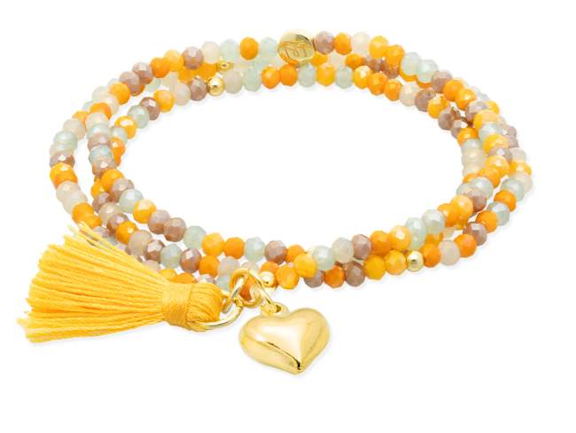 Bracelet ZEN MUSTARD with heart charm de Marina Garcia Joyas en plata Bracelet in 925 sterling silver plated with 18kt yellow gold, with elastic silicone band and faceted strass glass, with heart charm. Medium size 17 cm. (51 cm total)