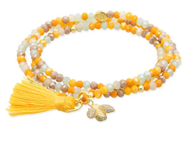 Pulsera ZEN MOSTAZA con abeja de Marina Garcia Joyas en plata Pulsera de plata de primera ley (925) chapada en oro amarillo de 18kt, con nucleo de silicona elástica y cristal de strass facetado, con charm abeja. Talla grande de 18 cm. (54 cm. total)