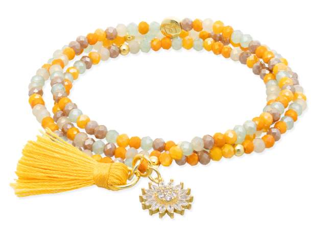 Pulsera ZEN MOSTAZA con sol de Marina Garcia Joyas en plata Pulsera de plata de primera ley (925) chapada en oro amarillo de 18kt, con nucleo de silicona elástica y cristal de strass facetado, con charm sol. Talla grande de 18 cm. (54 cm. total)