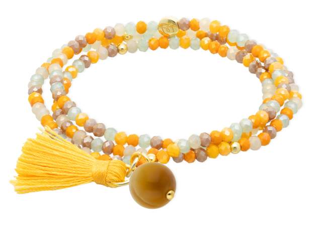 Pulsera ZEN MOSTAZA con piedra natural de Marina Garcia Joyas en plata Pulsera de plata de primera ley (925) chapada en oro amarillo de 18kt, con nucleo de silicona elástica y cristal de strass facetado, con Ojo tigre golden. Talla grande de 18 cm. (54 cm. total)