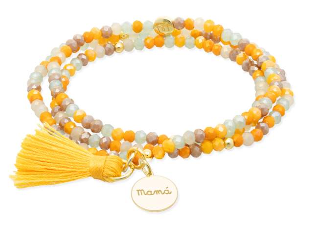 Pulsera ZEN MOSTAZA con chapa Mamá de Marina Garcia Joyas en plata Pulsera de plata de primera ley (925) chapada en oro amarillo de 18kt, con nucleo de silicona elástica y cristal de strass facetado, con chapa Mamá. Talla grande de 18 cm. (54 cm. total)