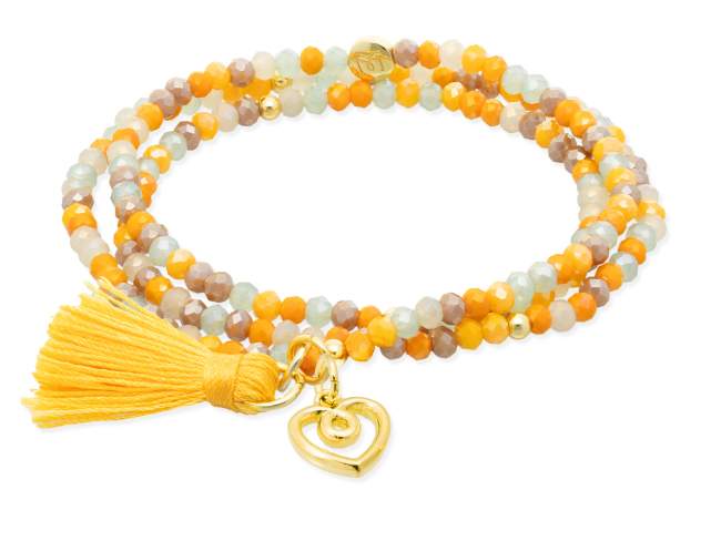 Pulsera ZEN MOSTAZA con charm Love de Marina Garcia Joyas en plata Pulsera de plata de primera ley (925) chapada en oro amarillo de 18kt, con nucleo de silicona elástica y cristal de strass facetado, con charm Love. Talla grande de 18 cm. (54 cm. total)