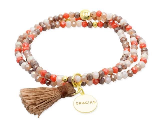 Bracelet ZEN OAK with Gracias medal de Marina Garcia Joyas en plata Bracelet in 925 sterling silver plated with 18kt yellow gold, with elastic silicone band and faceted strass glass, with Gracias medal. Medium size 17 cm. (51 cm total)