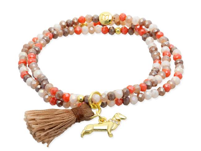 Bracelet ZEN OAK with dog de Marina Garcia Joyas en plata Bracelet in 925 sterling silver plated with 18kt yellow gold, with elastic silicone band and faceted strass glass, with dog charm. Large size 18 cm. (54 cm total)