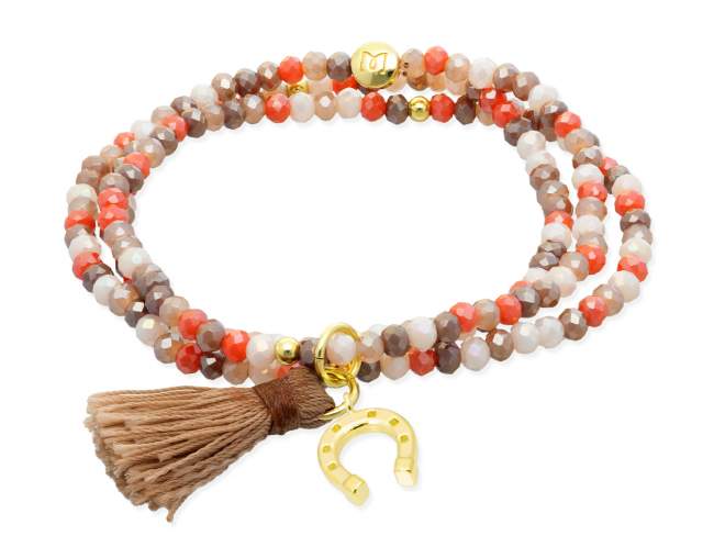 Pulsera ZEN ROBLE con herradura de Marina Garcia Joyas en plata Pulsera de plata de primera ley (925) chapada en oro amarillo de 18kt, con nucleo de silicona elástica y cristal de strass facetado, con herradura. Talla grande de 18 cm. (54 cm. total)