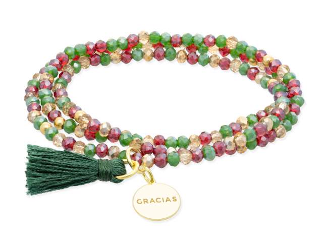 Bracelet ZEN HOLLY with Gracias medal de Marina Garcia Joyas en plata Bracelet in 925 sterling silver plated with 18kt yellow gold, with elastic silicone band and faceted strass glass, with Gracias medal. Medium size 17 cm. (51 cm total)