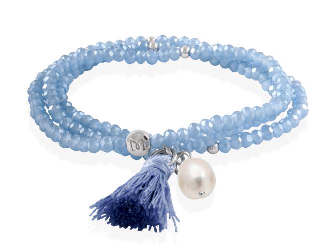 Bracelet ZEN BLUE mit perle de Marina Garcia Joyas en plata Armband in Silber (925) rhodiniert, mit elastischem Silikonband und facettiertem Strassglas, mit natürliche Süßwasserperle. Mittel 17 cm. (51 cm insgesamt)