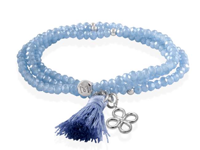 Bracelet ZEN BLUE with lucky clover de Marina Garcia Joyas en plata Bracelet in 925 sterling silver rhodium plated, with elastic silicone band and faceted strass glass, with lucky clover. Medium size 17 cm. (51 cm total)