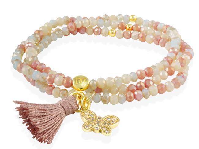 Pulsera ZEN MAKE UP con mariposa de Marina Garcia Joyas en plata Pulsera de plata de primera ley (925) chapada en oro amarillo de 18kt, con nucleo de silicona elástica y cristal de strass facetado, con charm mariposa. Talla media de 17 cm. (51 cm. total)