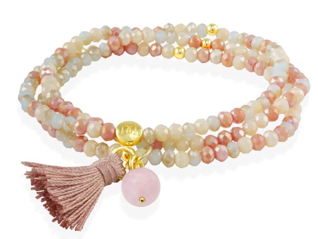 Bracelet ZEN MAKE UP mit Edelstein de Marina Garcia Joyas en plata Armband in Silber (925) vergoldet in 18 Karat Gelbgold, mit elastischem Silikonband und facettiertem Strassglas, mit Rose quartz. Mittel 17 cm. (51 cm insgesamt)