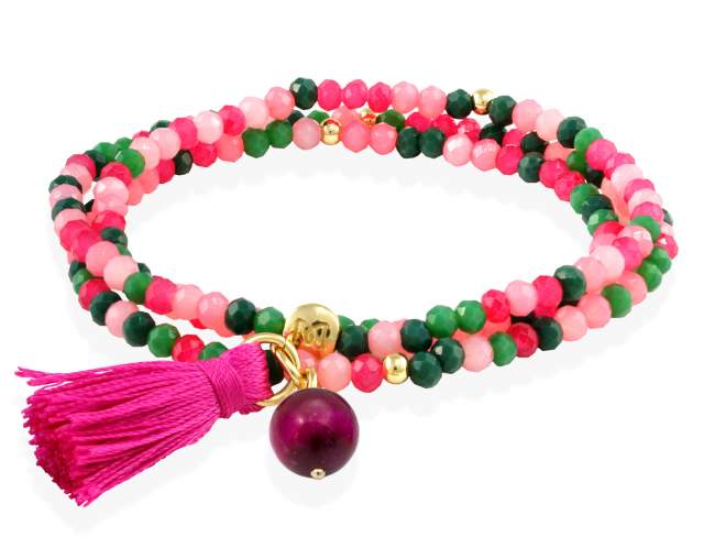 Bracelet ZEN FRAMBUESA mit Edelstein de Marina Garcia Joyas en plata Armband in Silber (925) vergoldet in 18 Karat Gelbgold, mit elastischem Silikonband und facettiertem Strassglas, mit Fuchsia Achat. Mittel 17 cm. (51 cm insgesamt)