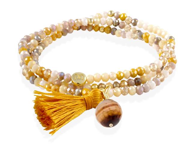 Pulsera ZEN PIEDRA con piedra natural de Marina Garcia Joyas en plata Pulsera de plata de primera ley (925) chapada en oro amarillo de 18kt, con nucleo de silicona elástica y cristal de strass facetado, con Ojo tigre golden. Talla media de 17 cm. (51 cm. total)