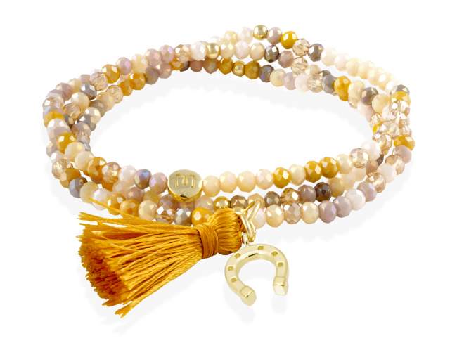 Pulsera ZEN PIEDRA con herradura de Marina Garcia Joyas en plata Pulsera de plata de primera ley (925) chapada en oro amarillo de 18kt, con nucleo de silicona elástica y cristal de strass facetado, con herradura. Talla media de 17 cm. (51 cm. total)