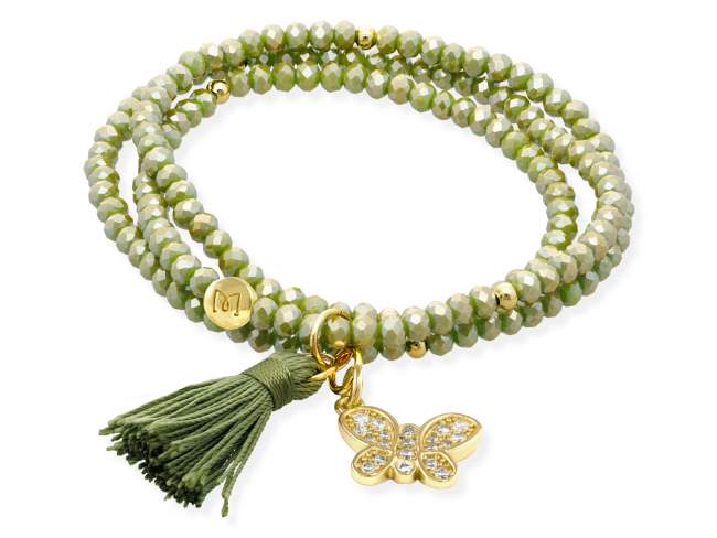 Pulsera ZEN AMAZONIA con mariposa de Marina Garcia Joyas en plata Pulsera de plata de primera ley (925) chapada en oro amarillo de 18kt, con nucleo de silicona elástica y cristal de strass facetado, con charm mariposa. Talla media de 17 cm. (51 cm. total)