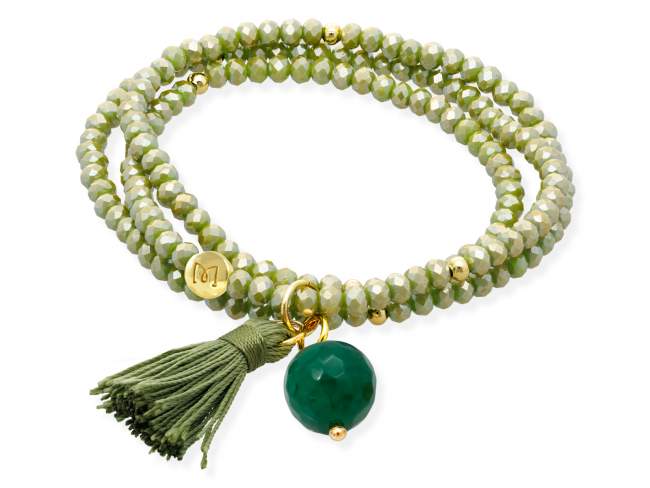 Pulsera ZEN AMAZONIA con piedra natural de Marina Garcia Joyas en plata Pulsera de plata de primera ley (925) chapada en oro amarillo de 18kt, con nucleo de silicona elástica y cristal de strass facetado, con Cuarzo Verde. Talla media de 17 cm. (51 cm. total)