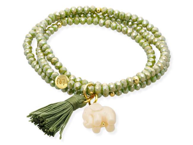 Pulsera ZEN AMAZONIA con elefante de Marina Garcia Joyas en plata Pulsera de plata de primera ley (925) chapada en oro amarillo de 18kt, con nucleo de silicona elástica y cristal de strass facetado, con elefante en resina. Talla media de 17 cm. (51 cm. total)