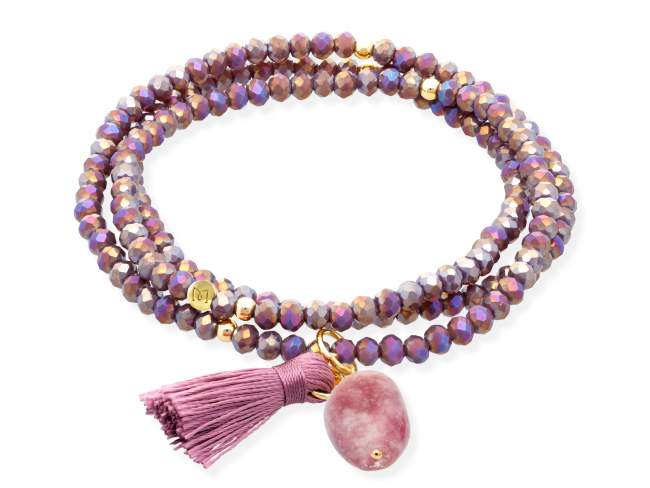 Pulsera ZEN BOREAL con piedra natural de Marina Garcia Joyas en plata Pulsera de plata de primera ley (925) chapada en oro amarillo de 18kt, con nucleo de silicona elástica y cristal de strass facetado, con Lepidolita Rosa. Talla media de 17 cm. (51 cm. total)