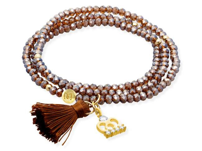 Bracelet ZEN MOKA with Crown de Marina Garcia Joyas en plata Bracelet in 925 sterling silver plated with 18kt yellow gold, with elastic silicone band and faceted strass glass, with Crown charm. Medium size 17 cm. (51 cm total)