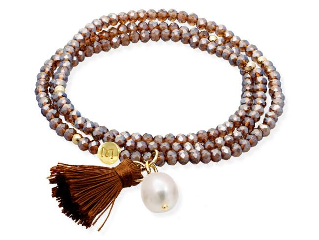 Bracelet ZEN MOKA with pearl de Marina Garcia Joyas en plata Bracelet in 925 sterling silver plated with 18kt yellow gold, with elastic silicone band and faceted strass glass, with natural freshwater pearl. Medium size 17 cm. (51 cm total)