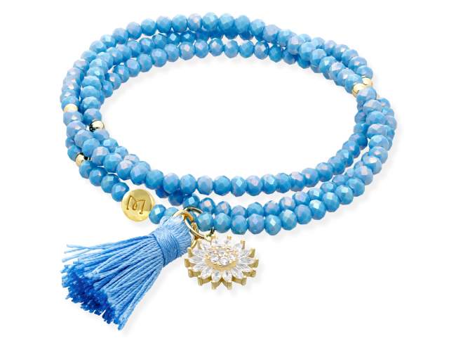 Pulsera ZEN AQUA con sol de Marina Garcia Joyas en plata Pulsera de plata de primera ley (925) chapada en oro amarillo de 18kt, con nucleo de silicona elástica y cristal de strass facetado, con charm sol. Talla media de 17 cm. (51 cm. total)