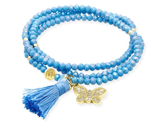 Pulsera ZEN AQUA con mariposa de Marina Garcia Joyas en plata Pulsera de plata de primera ley (925) chapada en oro amarillo de 18kt, con nucleo de silicona elástica y cristal de strass facetado, con charm mariposa. Talla media de 17 cm. (51 cm. total)