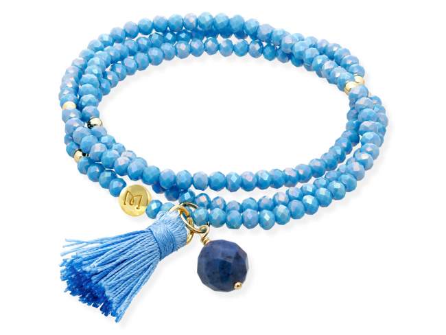 Pulsera ZEN AQUA con piedra natural de Marina Garcia Joyas en plata Pulsera de plata de primera ley (925) chapada en oro amarillo de 18kt, con nucleo de silicona elástica y cristal de strass facetado, con Dumortierita. Talla media de 17 cm. (51 cm. total)