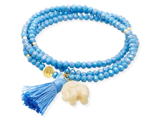 Pulsera ZEN AQUA con elefante de Marina Garcia Joyas en plata Pulsera de plata de primera ley (925) chapada en oro amarillo de 18kt, con nucleo de silicona elástica y cristal de strass facetado, con elefante en resina. Talla media de 17 cm. (51 cm. total)