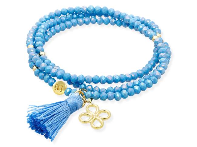 Bracelet ZEN AQUA with lucky clover de Marina Garcia Joyas en plata Bracelet in 925 sterling silver plated with 18kt yellow gold, with elastic silicone band and faceted strass glass, with lucky clover. Medium size 17 cm. (51 cm total)