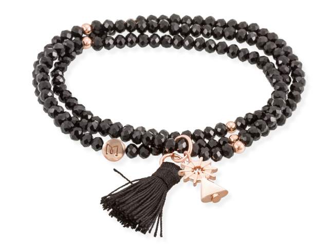 Bracelet ZEN SCHWARZ mit Virgen Pilar de Marina Garcia Joyas en plata Armband in Silber (925) vergoldet in 18 Karat Rosegold, mit elastischem Silikonband und facettiertem Strassglas, mit Virgen Pilar. Mittel 17 cm. (51 cm insgesamt)