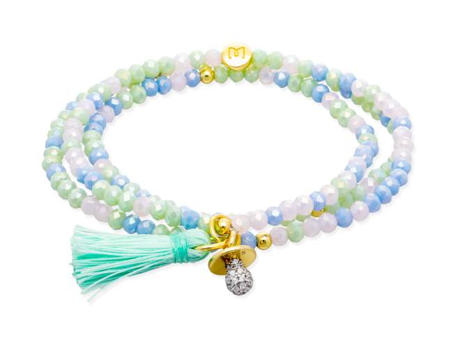 Pulsera ZEN BABY de Marina Garcia Joyas en plata Pulsera de plata de primera ley (925) chapada en oro amarillo de 18kt, con nucleo de silicona elástica y cristal de strass facetado, con charm BABY. Talla media de 17 cm. (51 cm. total)