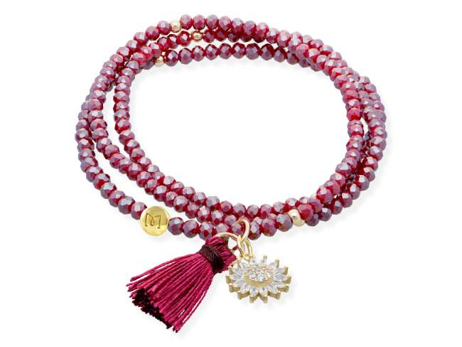 Bracelet ZEN BURGUNDY with sun de Marina Garcia Joyas en plata Bracelet in 925 sterling silver plated with 18kt yellow gold, with elastic silicone band and faceted strass glass, with sun charm. Medium size 17 cm. (51 cm total)