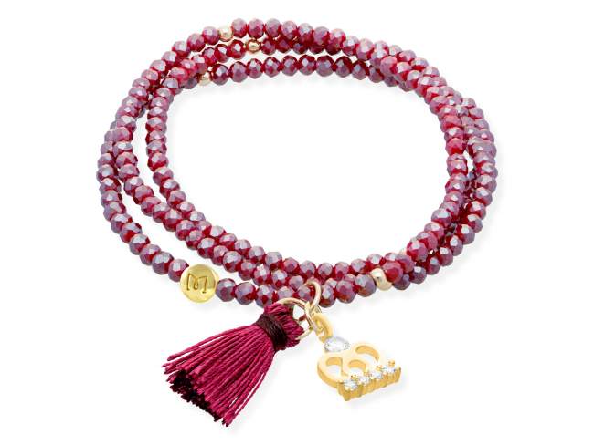 Bracelet ZEN BURGUNDY mit Krone de Marina Garcia Joyas en plata Armband in Silber (925) vergoldet in 18 Karat Gelbgold, mit elastischem Silikonband und facettiertem Strassglas, mit Krone Charme. Mittel 17 cm. (51 cm insgesamt)