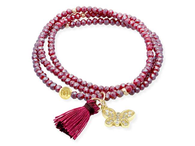 Bracelet ZEN BURGUNDY mit Schmetterling de Marina Garcia Joyas en plata Armband in Silber (925) vergoldet in 18 Karat Gelbgold, mit elastischem Silikonband und facettiertem Strassglas, mit Schmetterling Charme. Mittel 17 cm. (51 cm insgesamt)