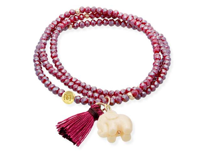 Bracelet ZEN BURGUNDY with elephant de Marina Garcia Joyas en plata Bracelet in 925 sterling silver plated with 18kt yellow gold, with elastic silicone band and faceted strass glass, with resin elephant. Medium size 17 cm. (51 cm total)