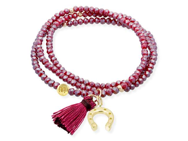 Bracelet ZEN BURGUNDY mit Hufeisen de Marina Garcia Joyas en plata Armband in Silber (925) vergoldet in 18 Karat Gelbgold, mit elastischem Silikonband und facettiertem Strassglas, mit Hufeisen. Mittel 17 cm. (51 cm insgesamt)