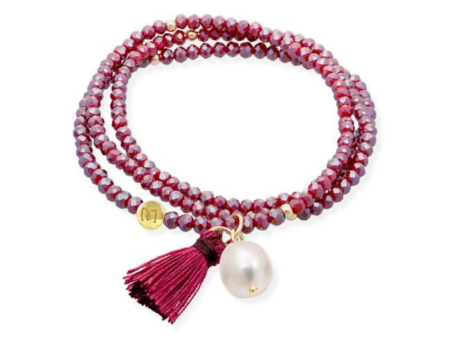 Bracelet ZEN BURGUNDY with pearl de Marina Garcia Joyas en plata Bracelet in 925 sterling silver plated with 18kt yellow gold, with elastic silicone band and faceted strass glass, with natural freshwater pearl. Medium size 17 cm. (51 cm total)