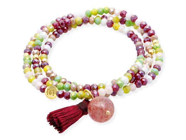 Bracelet ZEN SOHO with gemstone de Marina Garcia Joyas en plata Bracelet in 925 sterling silver plated with 18kt yellow gold, with elastic silicone band and faceted strass glass, with Strawberry Quartz. Medium size 17 cm. (51 cm total)