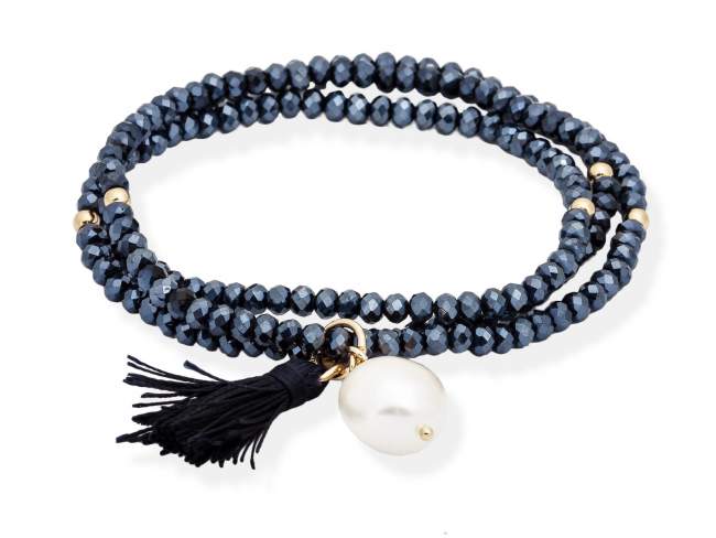 Bracelet ZEN Blue in golden Silver de Marina Garcia Joyas en plata Bracelet in 18kt yellow gold plated 925 sterling silver with faceted blue Strass glass and freshwater cultured pearl. (length: 51 cm.)