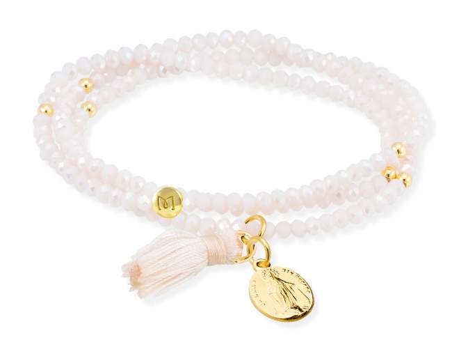 Pulsera ZEN NUDE con Virgen Milagrosa de Marina Garcia Joyas en plata Pulsera de plata de primera ley (925) chapada en oro amarillo de 18kt, con nucleo de silicona elástica y cristal de strass facetado, con charm Virgen Milagrosa. Talla media de 17 cm. (51 cm. total)