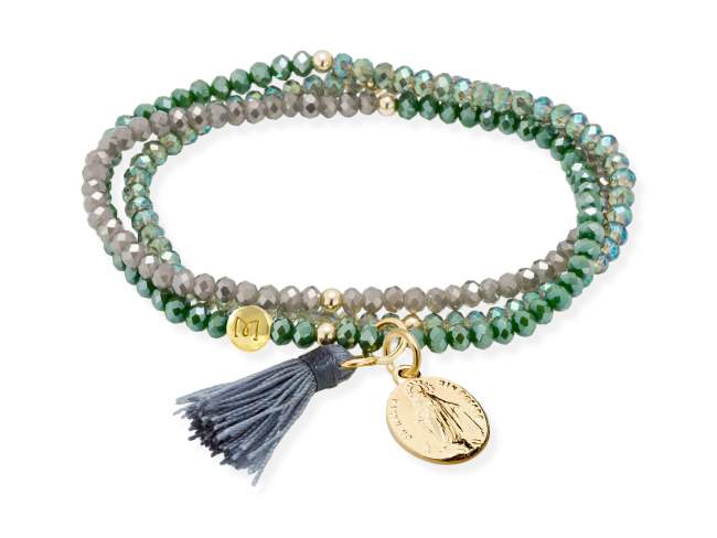 Pulsera ZEN ALPINA con Virgen Milagrosa de Marina Garcia Joyas en plata Pulsera de plata de primera ley (925) chapada en oro amarillo de 18kt, con nucleo de silicona elástica y cristal de strass facetado, con charm Virgen Milagrosa. Talla media de 17 cm. (51 cm. total)