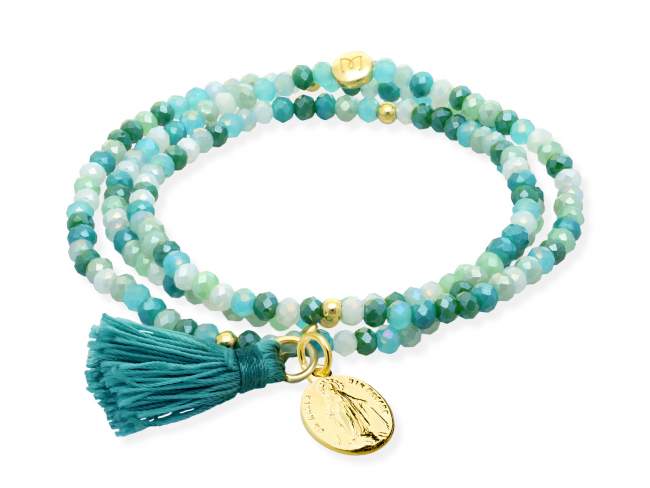 Pulsera ZEN MINT con Virgen Milagrosa de Marina Garcia Joyas en plata Pulsera de plata de primera ley (925) chapada en oro amarillo de 18kt, con nucleo de silicona elástica y cristal de strass facetado, con charm Virgen Milagrosa. Talla media de 17 cm. (51 cm. total)