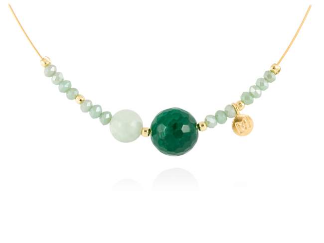 Necklace ZEN Green in golden silver de Marina Garcia Joyas en plata Necklace in 18kt yellow gold plated 925 sterling silver with faceted light green Strass glass, New Jade and green agate. (length: 40 cm.)