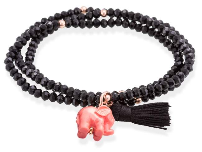 Bracelet ZEN Black in rose silver de Marina Garcia Joyas en plata Bracelet in 18kt rose gold plated 925 sterling silver with faceted black Strass glass and resin Elephant carving. (length: 54 cm.)