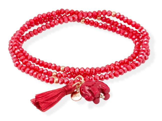 Pulsera ZEN Rojo en plata rosa de Marina Garcia Joyas en plata Pulsera de plata de primera ley (925) chapada en oro rosa de 18kt con cristal de Strass facetado color coral y talla de elefante en resina. (largo: 54 cm.)