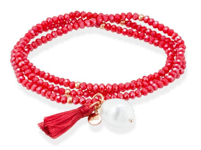 Pulsera ZEN Rojo en plata rosa de Marina Garcia Joyas en plata Pulsera de plata de primera ley (925) chapada en oro rosa de 18kt con cristal de Strass facetado color coral y perla cultivada. (largo: 54 cm.)