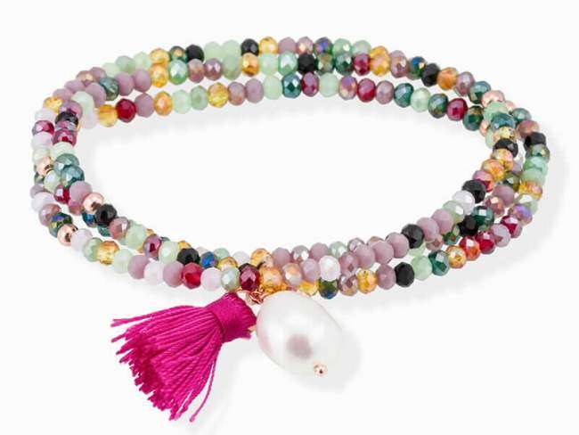 Pulsera ZEN  en plata rosa de Marina Garcia Joyas en plata Pulsera de plata de primera ley (925) chapada en oro rosa de 18kt, cristal de Strass facetado multicolor y perla cultivada. (largo: 54 cm.)